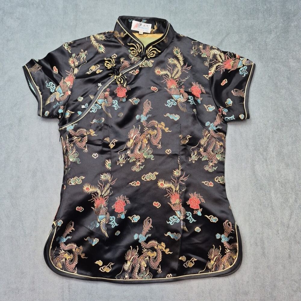 Vintage Laogudai Chinese Dragon Pheonix Satin Cheongsam Top Sz M